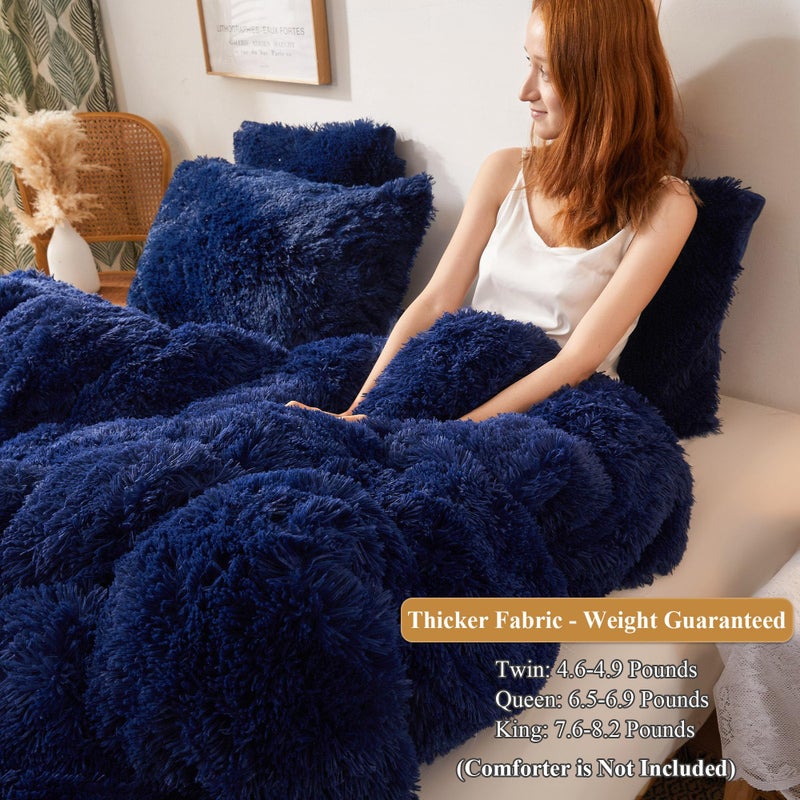 XeGe Plush Shaggy Duvet Cover Set, Luxury Ultra Soft Crystal Velvet Fluffy Bedding Sets 3 Pieces(1 Furry Faux Fur Comforter Cover + 2 Fuzzy Faux Fur Pillowcases), Zipper Closure(Queen, Navy Blue) - Image 3